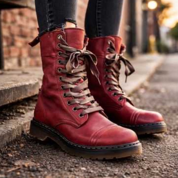 Dr. Martens Aimelie Aimilita Triumph Plaid Fold-Over 9-Eye Boot Red Leather 9 - Picture 4 of 13